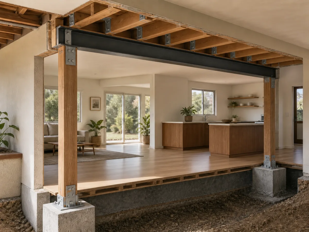 Cutaway view of a removed load-bearing wall replaced by a steel beam, end posts, and concrete footings