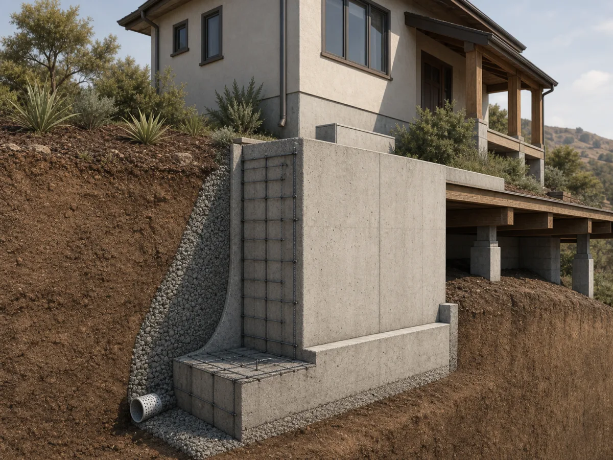 Cutaway view of a reinforced-concrete retaining wall, footing, drainage, and hillside home foundation