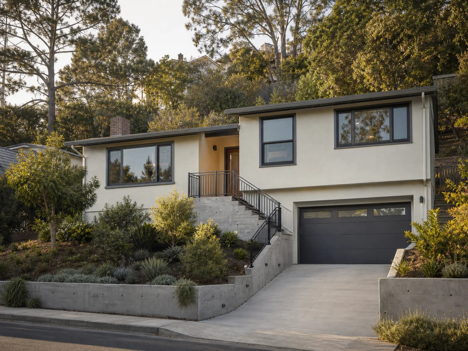 Completed split-level hillside home after seismic retrofit in Oakland