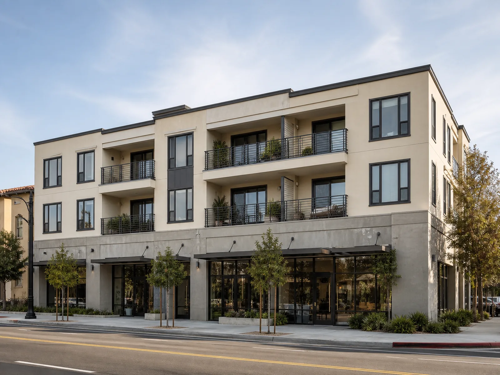 Three-story mixed-use building supported by an engineered foundation system