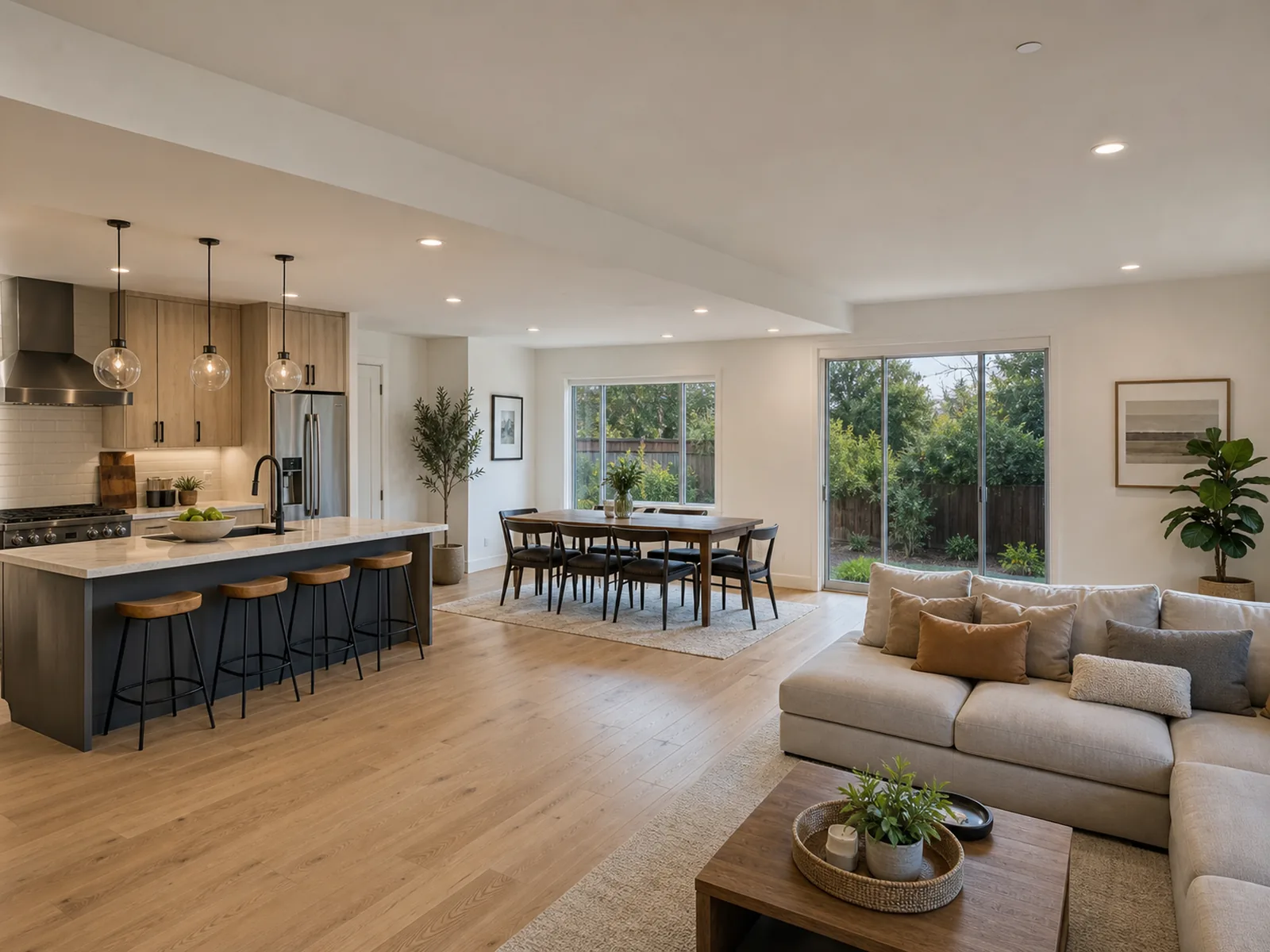 Open-concept great room after load-bearing wall removal in San Jose