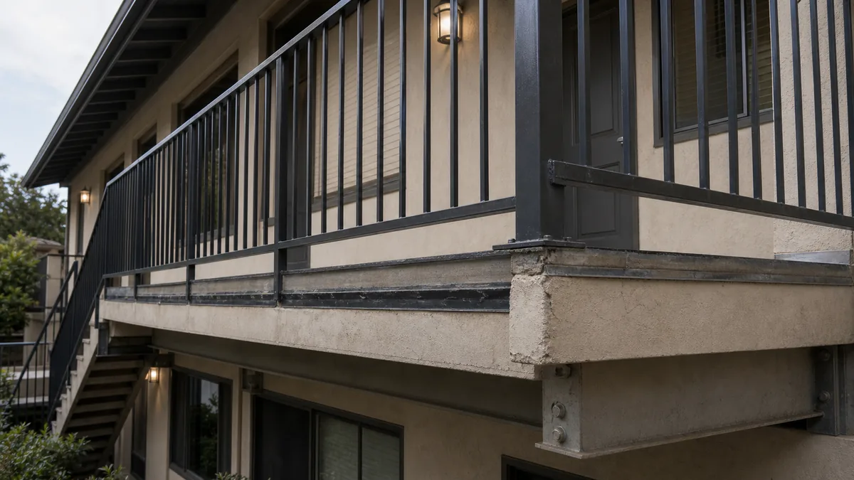 Exterior elevated balcony and walkway structure for an SB 721 inspection