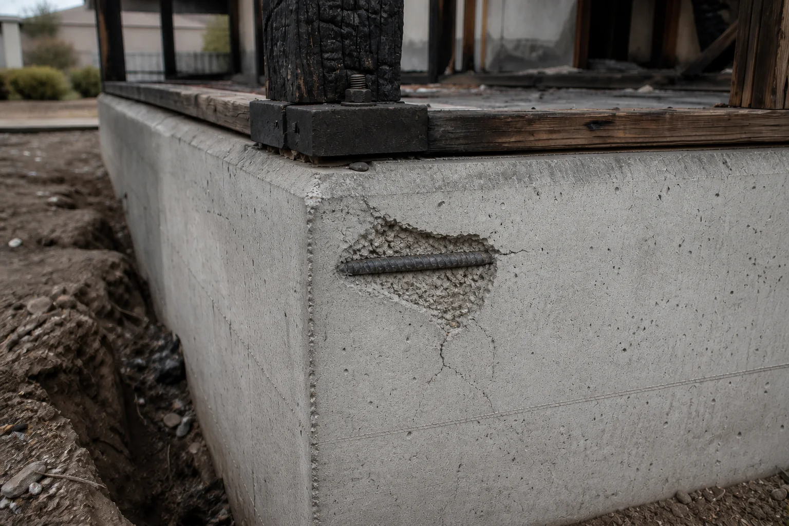 Representative view of a fire-damaged residential concrete foundation prepared for structural assessment